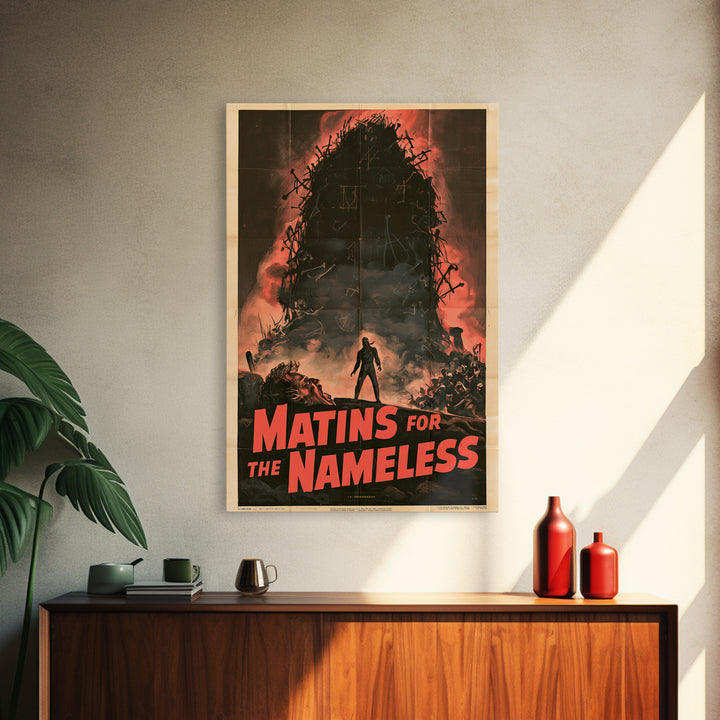 Matins For The Nameless, English Language Horror Movie Poster, 1950s Creature-Feature One-Sheet Inspired Art, Classic Monster Poster
