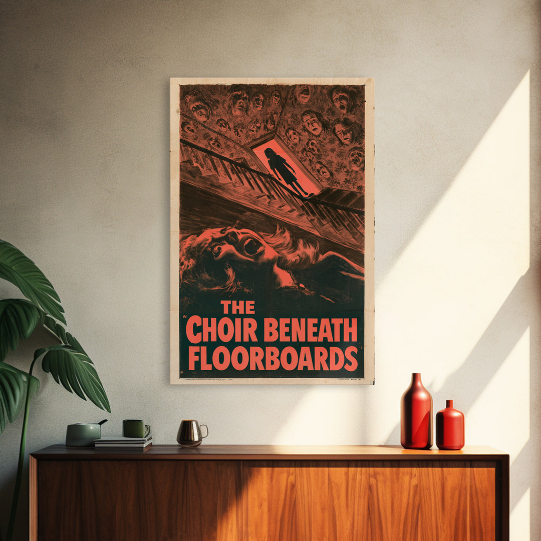 The Choir Beneath The Floorboards, English Language Horror Movie Poster, 1950s Creature-Feature One-Sheet Inspired Art, Framed Canvas Print