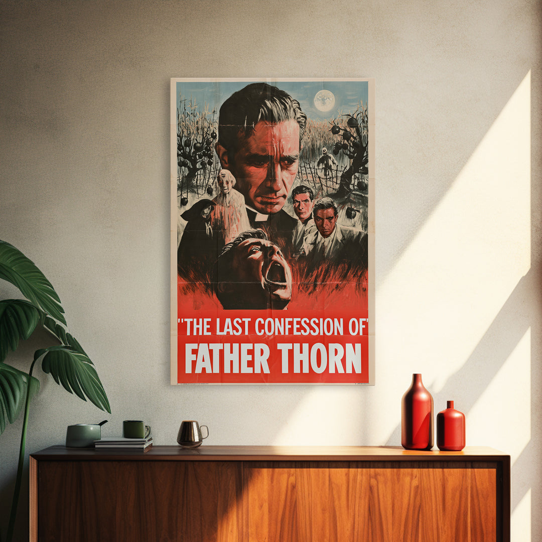 The Last Confession Of Father Thorn, English Language Horror Movie Poster, 1950s Creature-Feature One-Sheet Inspired Art, Cult Horror Poster