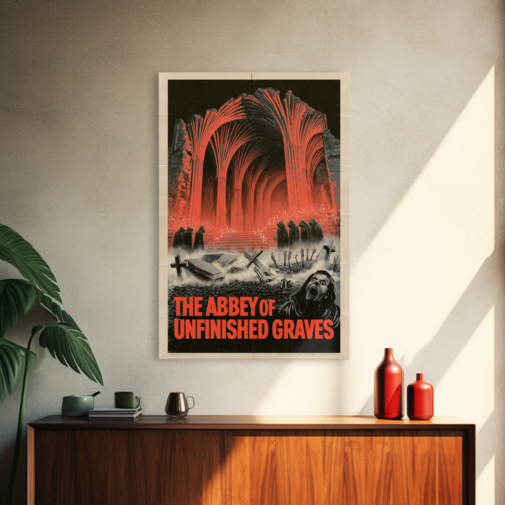 The Abbey Of Unfinished Graves, English Language Horror Movie Poster, 1950s Creature-Feature One-Sheet Inspired Art, Gothic Cinema Wall Art