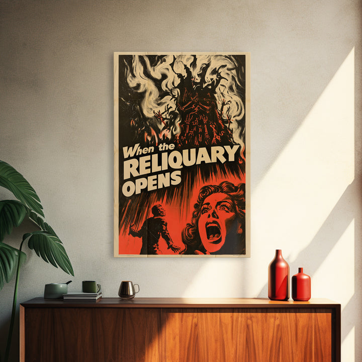 When The Reliquary Opens, English Language Horror Movie Poster, 1950s Creature-Feature One-Sheet Inspired Art, Gothic Cinema Wall Art