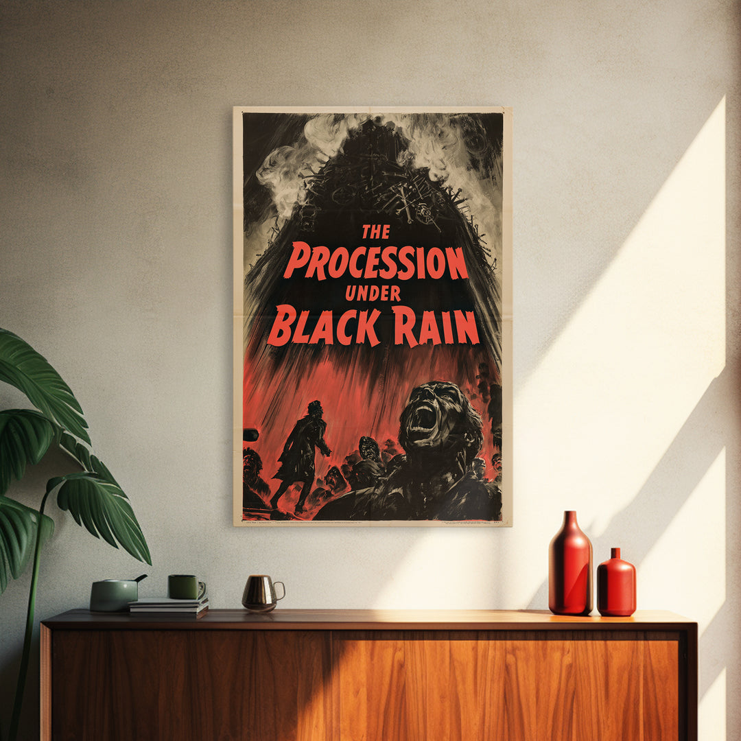 The Procession Under Black Rain, English Language Horror Movie Poster, 1950s Creature-Feature One-Sheet Inspired Art, Cult Horror Poster