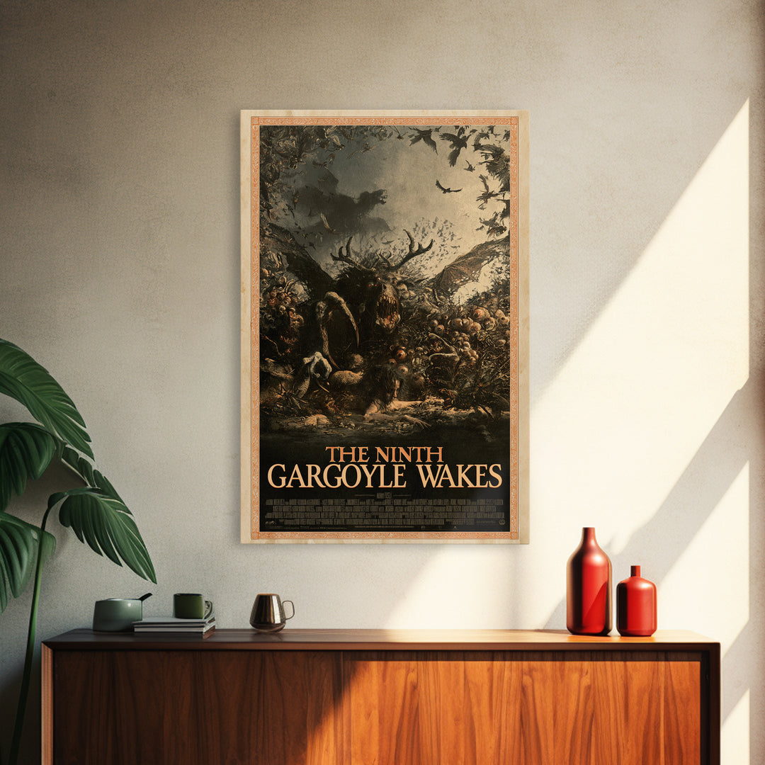 The Ninth Gargoyle Wakes, English Language Horror Movie Poster, Gothic Nightmare Art, Classic Monster Poster, Canvas Print