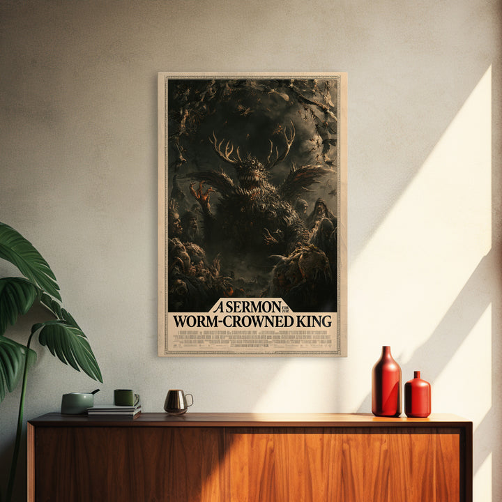 A Sermon For The Worm-Crowned King, English Language Horror Movie Poster, Dark Romantic Horror Art, Retro Horror Movie Art