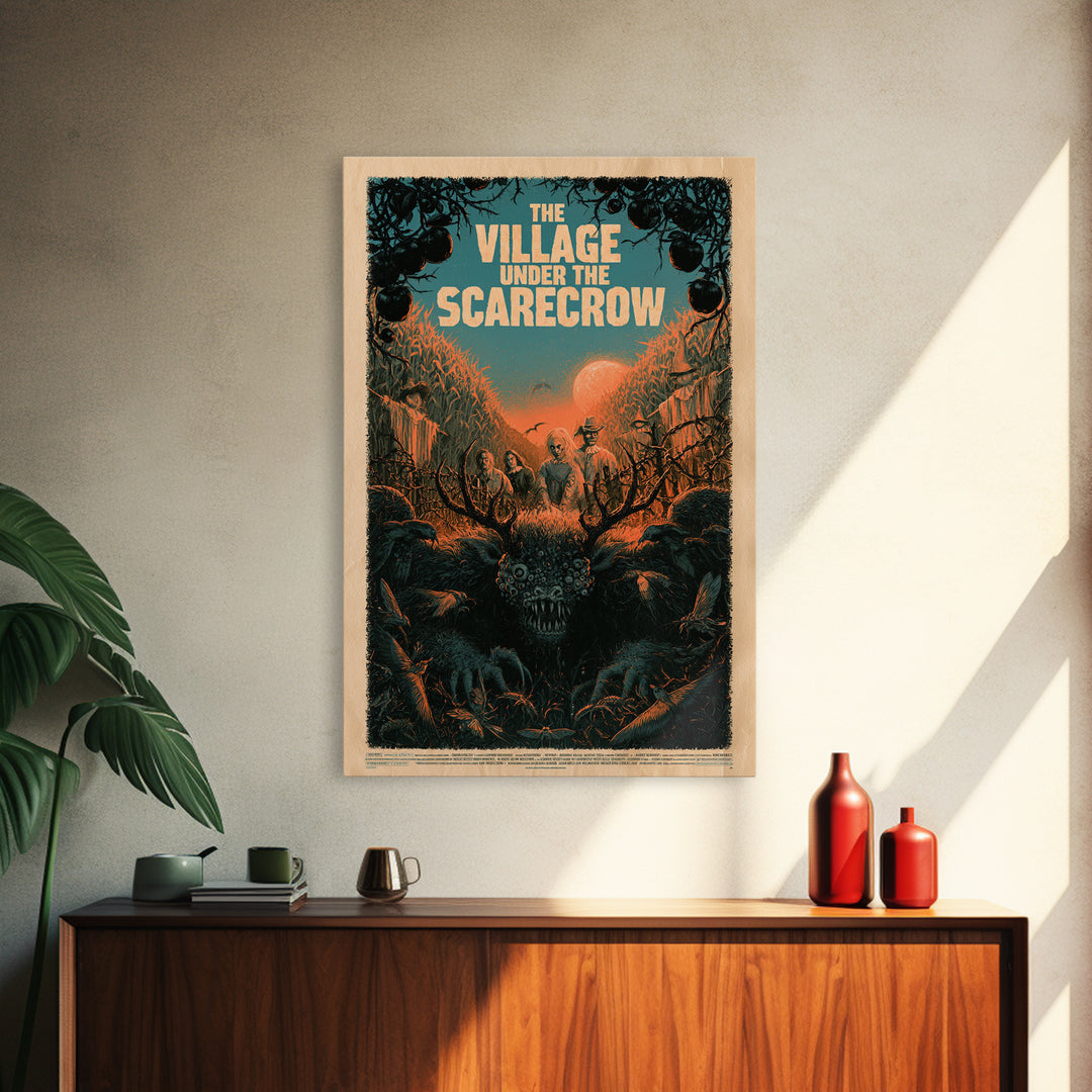 The Village Under The Scarecrow, English Language Horror Movie Poster, Decadent Line Art, Gothic Cinema Wall Art