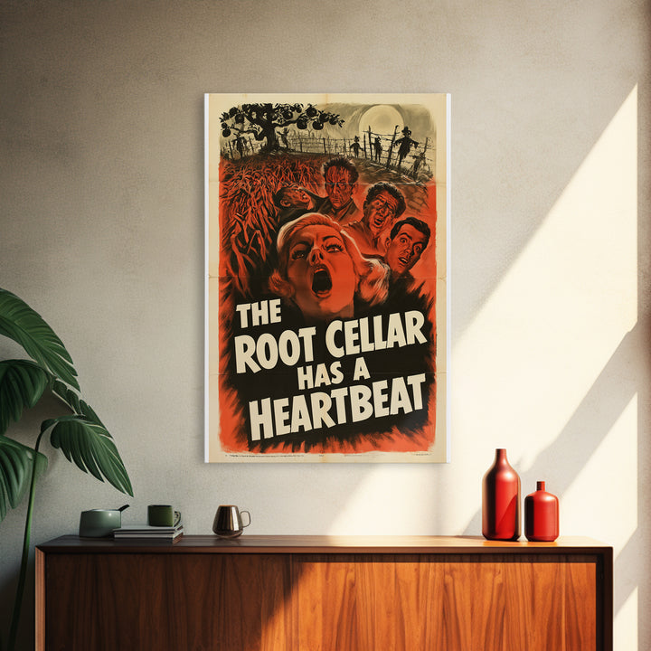 The Root Cellar Has A Heartbeat, English Language Horror Movie Poster, 1950s Creature-Feature One-Sheet Inspired Art, Gothic Cinema Wall Art