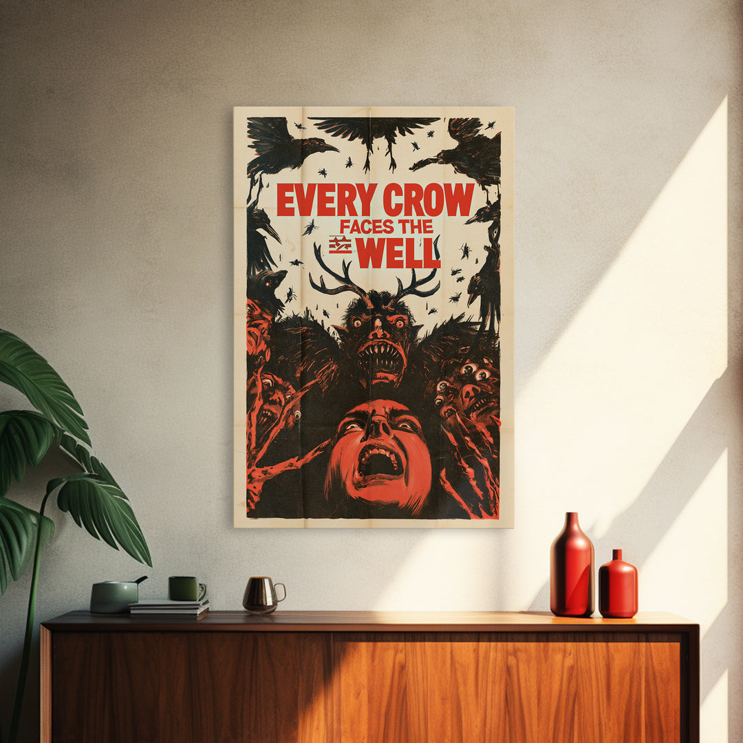 Every Crow Faces The Well, English Language Horror Movie Poster, 1950s Creature-Feature One-Sheet Inspired Art, Classic Monster Poster