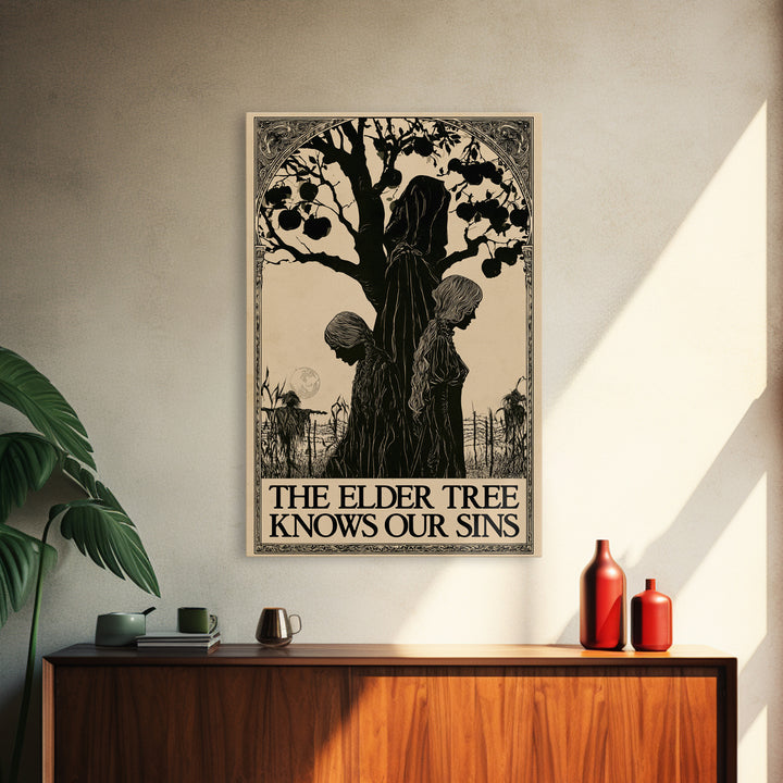 The Elder Tree Knows Our Sins, English Language Horror Movie Poster, Decadent Line Art, Classic Monster Poster, Canvas Print
