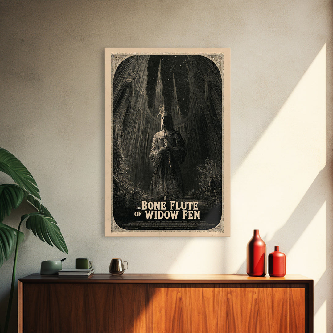 The Bone Flute Of Widow Fen, English Language Horror Movie Poster, Gothic Engraving Art, Classic Monster Poster, Canvas Print