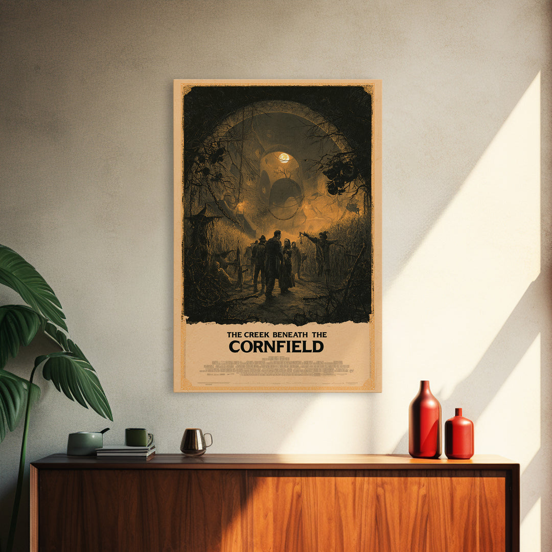 The Creek Beneath The Cornfield, English Language Horror Movie Poster, Architectural Etching Art, Classic Monster Poster