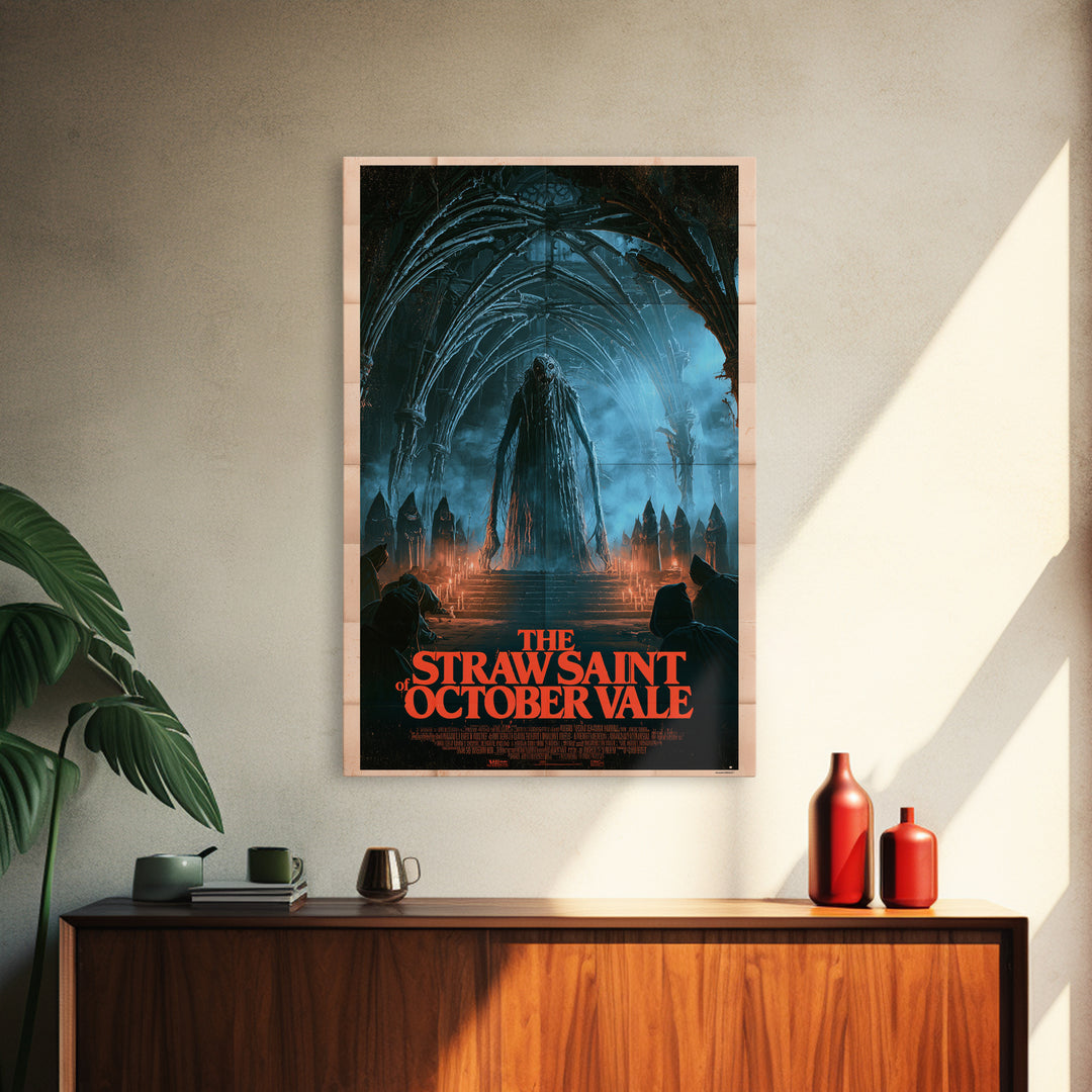 The Straw Saint Of October Vale, English Language Horror Movie Poster, 1980s Vhs Nightmare Cover Inspired Art, Gothic Cinema Wall Art