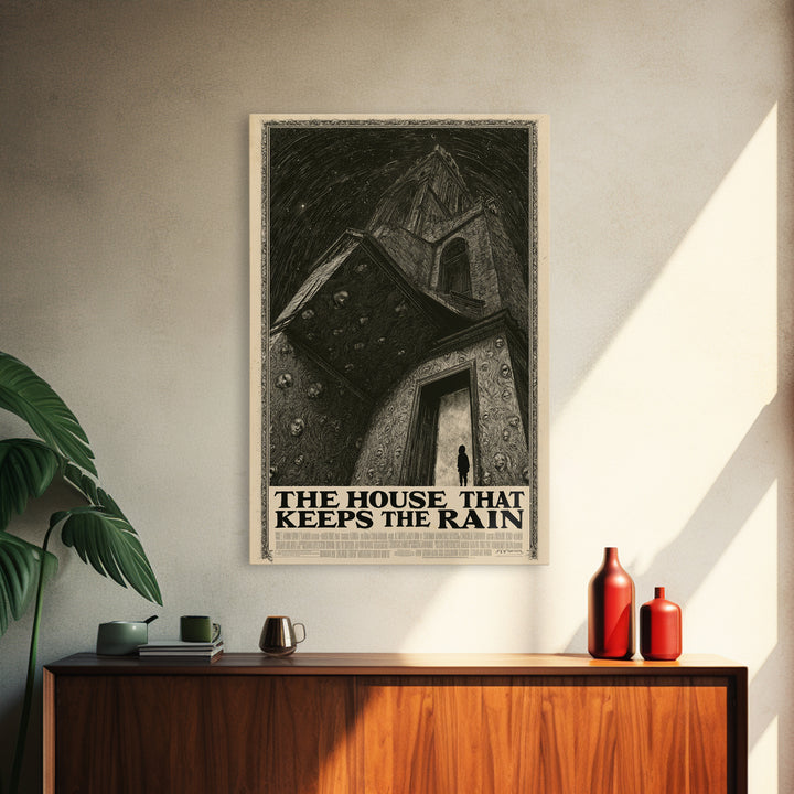 The House That Keeps The Rain, English Language Horror Movie Poster, Gothic Engraving Art, Retro Horror Movie Art, Framed Canvas Print