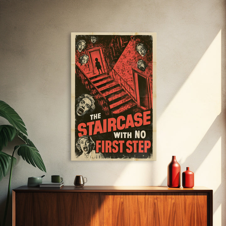 The Staircase With No First Step, English Language Horror Movie Poster, 1950s Creature-Feature One-Sheet Inspired Art, Canvas Print
