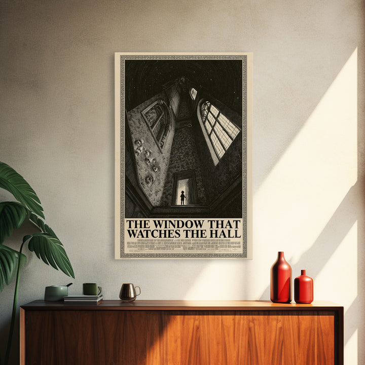 The Window That Watches The Hall, English Language Horror Movie Poster, Gothic Engraving Art, Cult Horror Poster, Framed Canvas Print