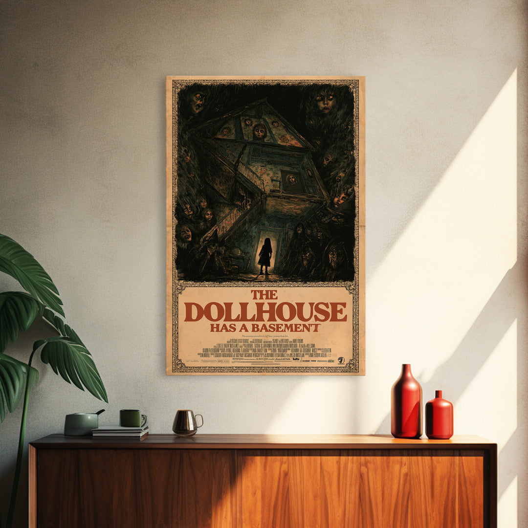 The Dollhouse Has A Basement, English Language Horror Movie Poster, Dark Romantic Horror Art, Retro Horror Movie Art, Framed Canvas Print