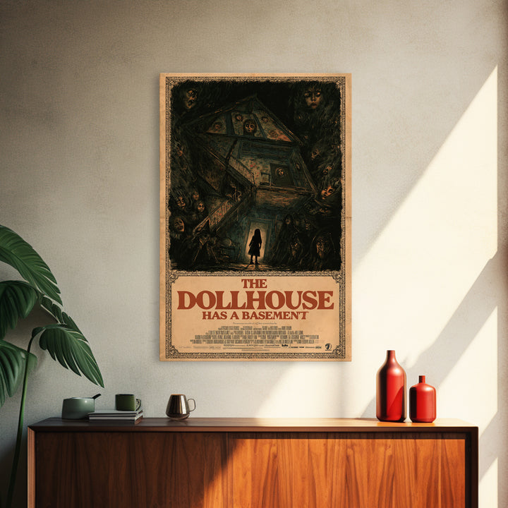 The Dollhouse Has A Basement, English Language Horror Movie Poster, Dark Romantic Horror Art, Retro Horror Movie Art, Framed Canvas Print