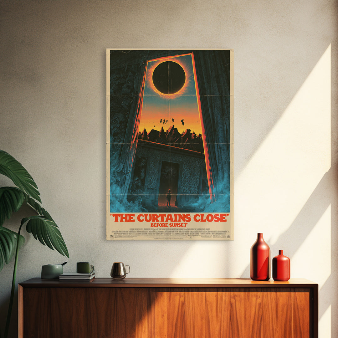 The Curtains Close Before Sunset, English Language Horror Movie Poster, 1980s Vhs Nightmare Cover Inspired Art, Cult Horror Poster