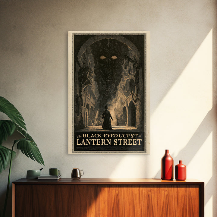 The Black-Eyed Guest Of Lantern Street, English Language Horror Movie Poster, Architectural Etching Art, Framed Canvas Print