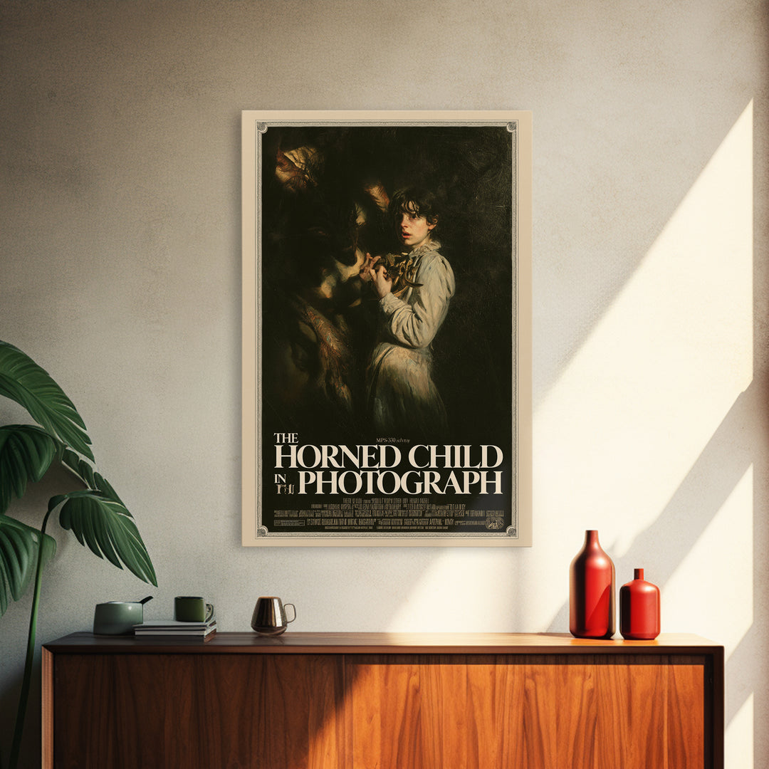 The Horned Child In The Photograph, English Language Horror Movie Poster, Gothic Nightmare Art, Gothic Cinema Wall Art, Canvas Print
