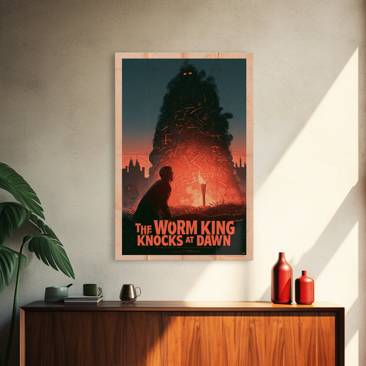The Worm King Knocks At Dawn, English Language Horror Movie Poster, 1960s Horror Art, Classic Monster Poster, Framed Canvas Print