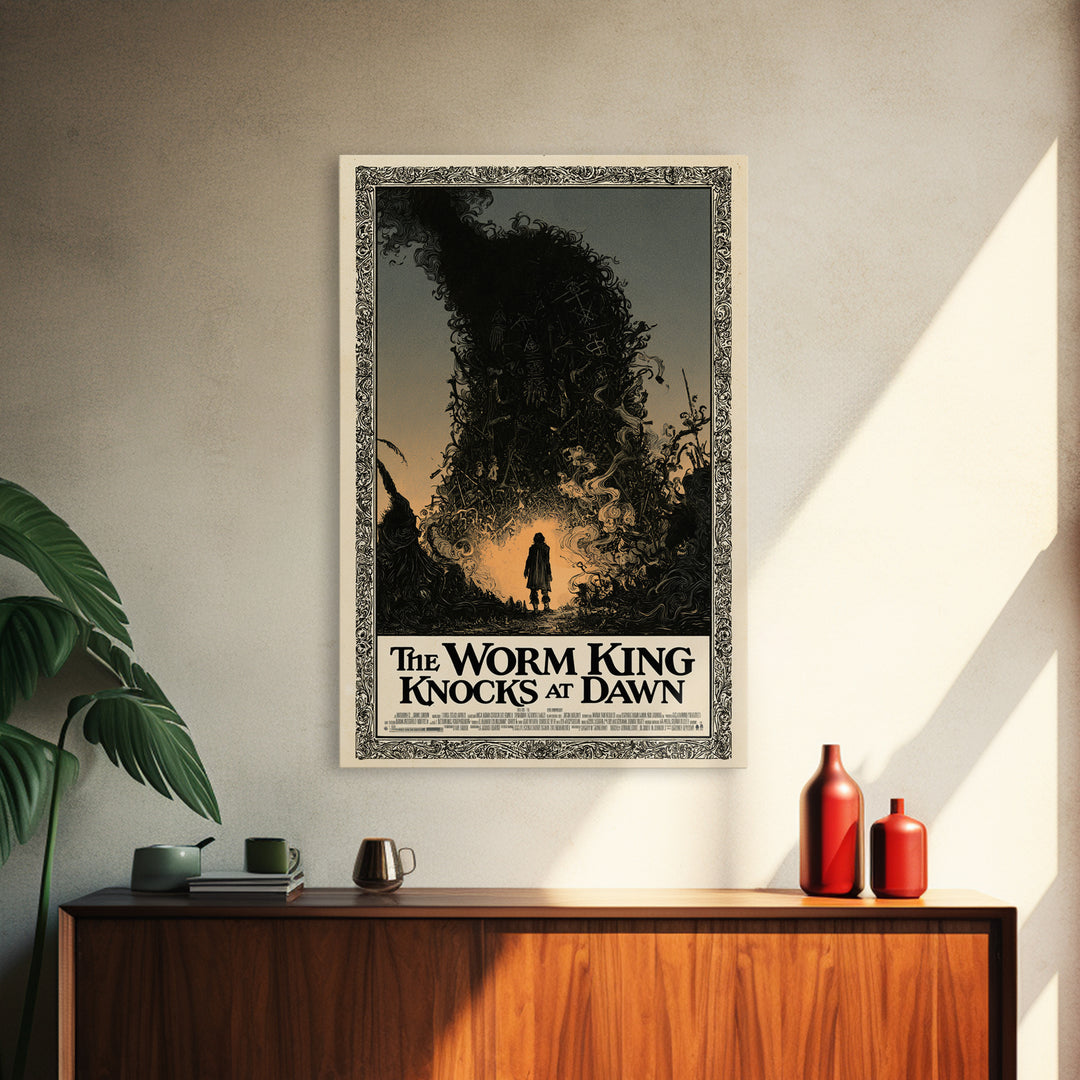The Worm King Knocks At Dawn, English Language Horror Movie Poster, Decadent Line Art, Classic Monster Poster, Canvas Print