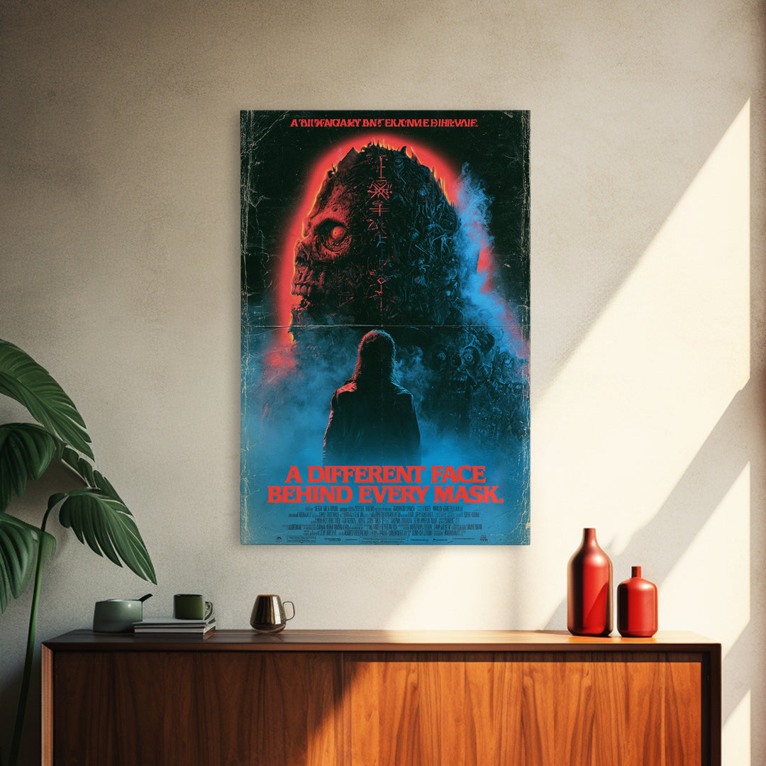 A Different Face Behind Every Mask, English Language Horror Movie Poster, 1980s Vhs Nightmare Cover Inspired Art, Classic Monster Poster
