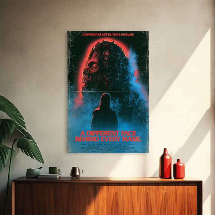 A Different Face Behind Every Mask, English Language Horror Movie Poster, 1980s Vhs Nightmare Cover Inspired Art, Classic Monster Poster