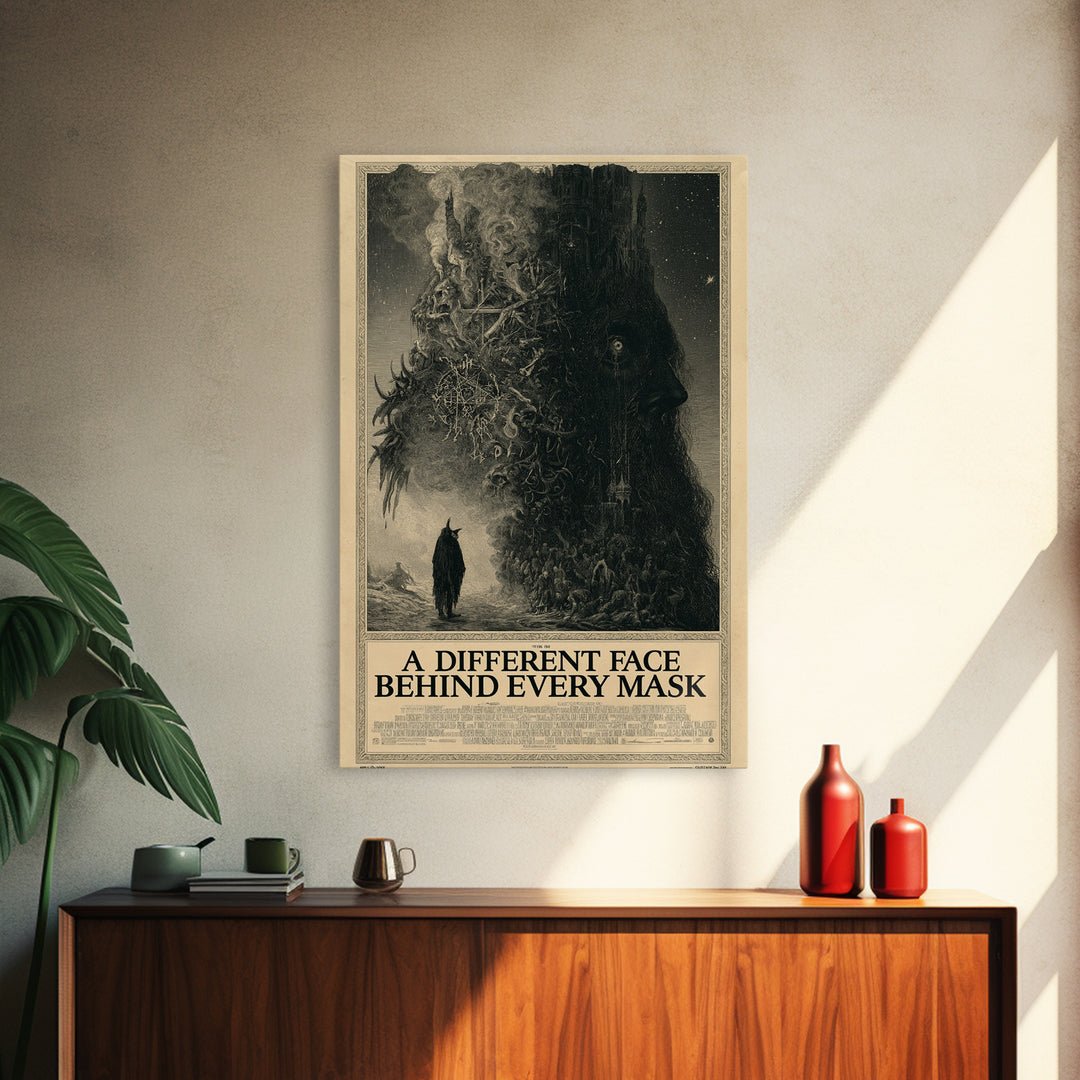 A Different Face Behind Every Mask, English Language Horror Movie Poster, Gothic Engraving Art, Gothic Cinema Wall Art