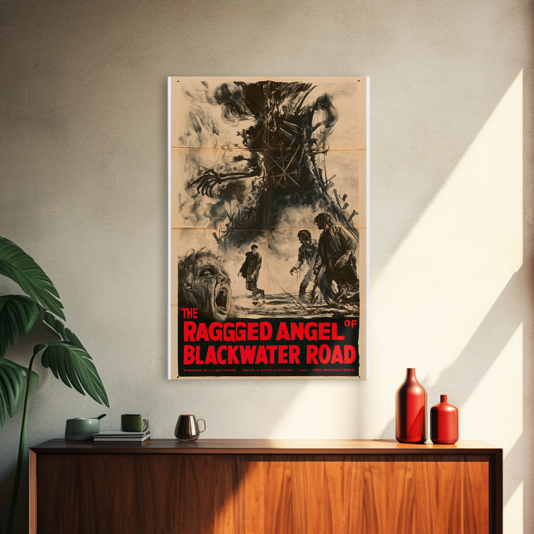 The Ragged Angel Of Blackwater Road, English Language Horror Movie Poster, 1950s Creature-Feature One-Sheet Inspired Art, Cult Horror Poster