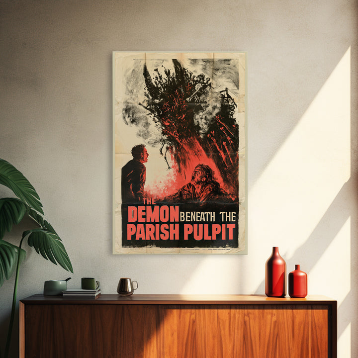 The Demon Beneath The Parish Pulpit, English Language Horror Movie Poster, 1950s Creature-Feature One-Sheet Inspired Art, Canvas Print