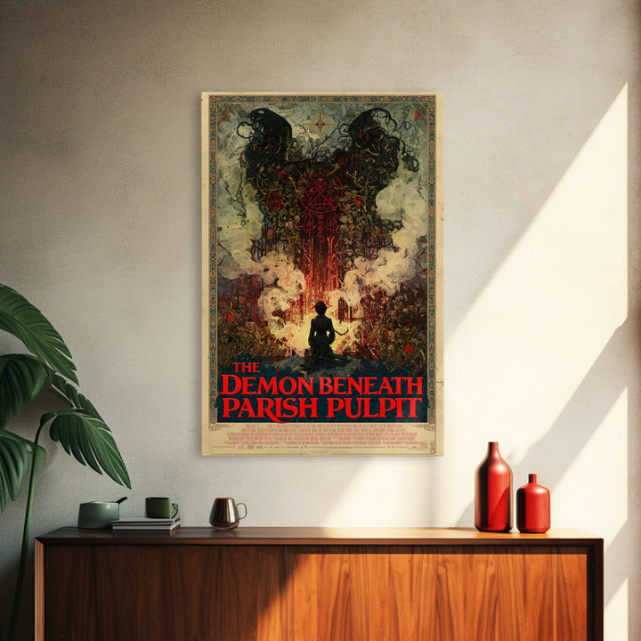 The Demon Beneath The Parish Pulpit, English Language Horror Movie Poster, Stained Glass Gothic Art, Gothic Cinema Wall Art, Canvas Print