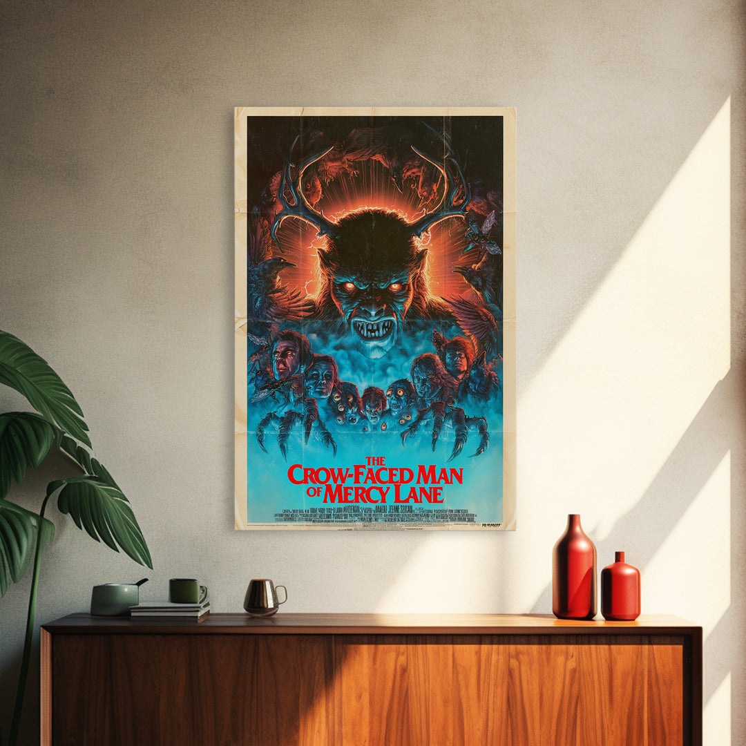 The Crow-Faced Man Of Mercy Lane, English Language Horror Movie Poster, 1980s Vhs Nightmare Cover Inspired Art, Classic Monster Poster