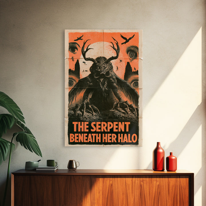 The Serpent Beneath Her Halo, English Language Horror Movie Poster, 1930s Horror Art, Retro Horror Movie Art, Framed Canvas Print