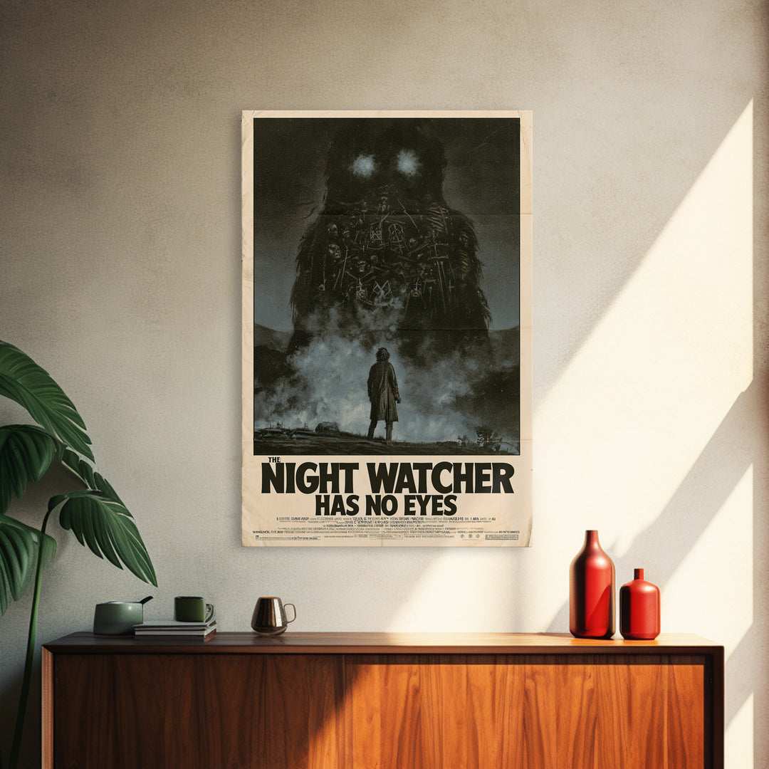 The Night Watcher Has No Eyes, English Language Horror Movie Poster, 1970s Horror Art, Classic Monster Poster, Framed Canvas Print