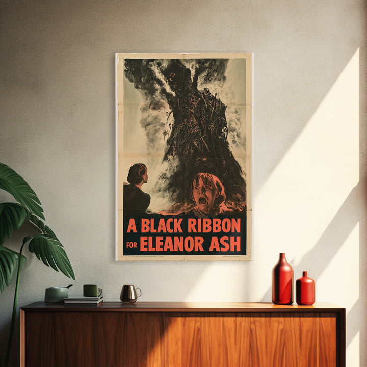 A Black Ribbon For Eleanor Ash, English Language Horror Movie Poster, 1950s Creature-Feature One-Sheet Inspired Art, Retro Horror Movie Art