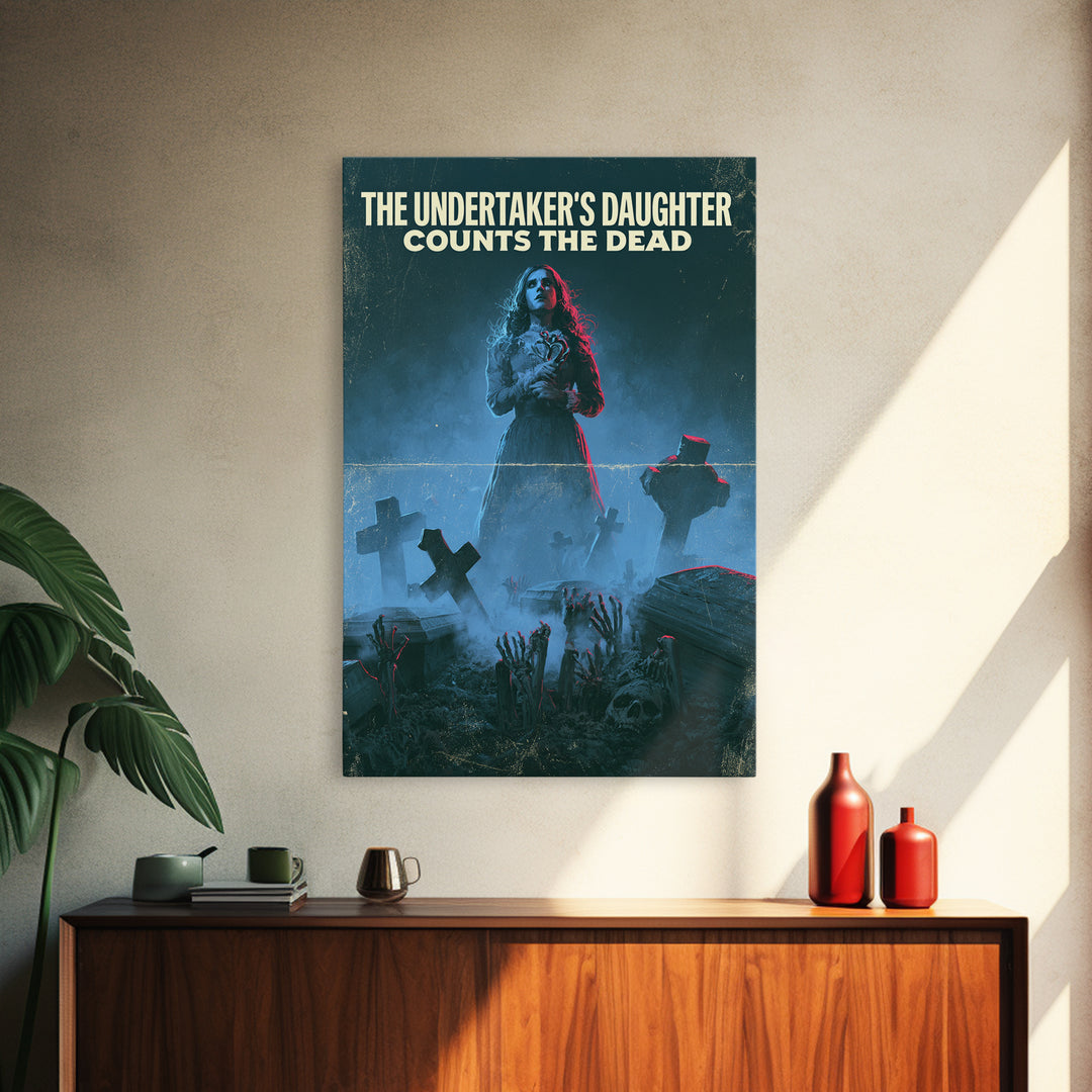 The Undertaker'S Daughter Counts The Dead, English Language Horror Movie Poster, 1980s Vhs Nightmare Cover Inspired Art, Framed Canvas Print