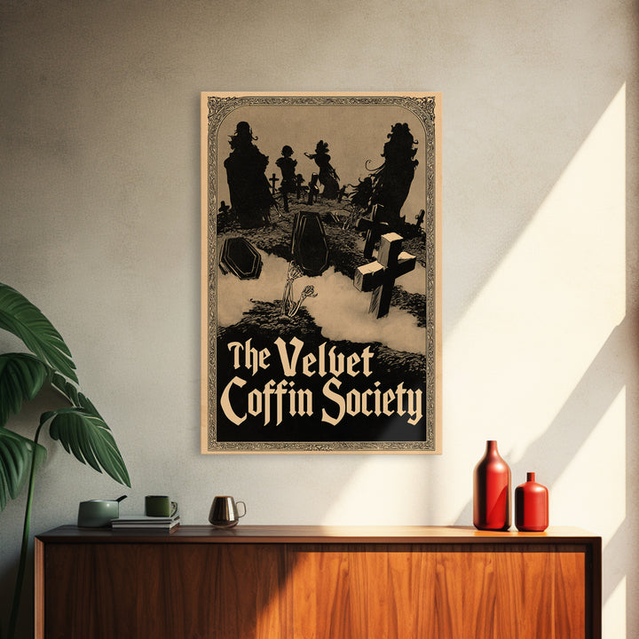 The Velvet Coffin Society, English Language Horror Movie Poster, Decadent Line Art, Gothic Cinema Wall Art, Framed Canvas Print