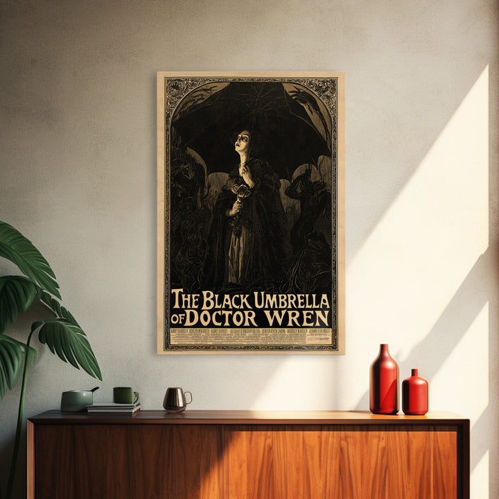 The Black Umbrella Of Doctor Wren, English Language Horror Movie Poster, Decadent Line Art, Retro Horror Movie Art, Canvas Print
