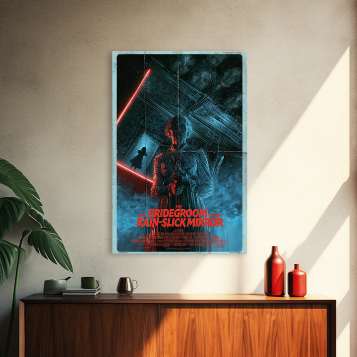The Bridegroom In The Rain-Slick Mirror, English Language Horror Movie Poster, 1980s Vhs Nightmare Cover Inspired Art, Framed Canvas Print