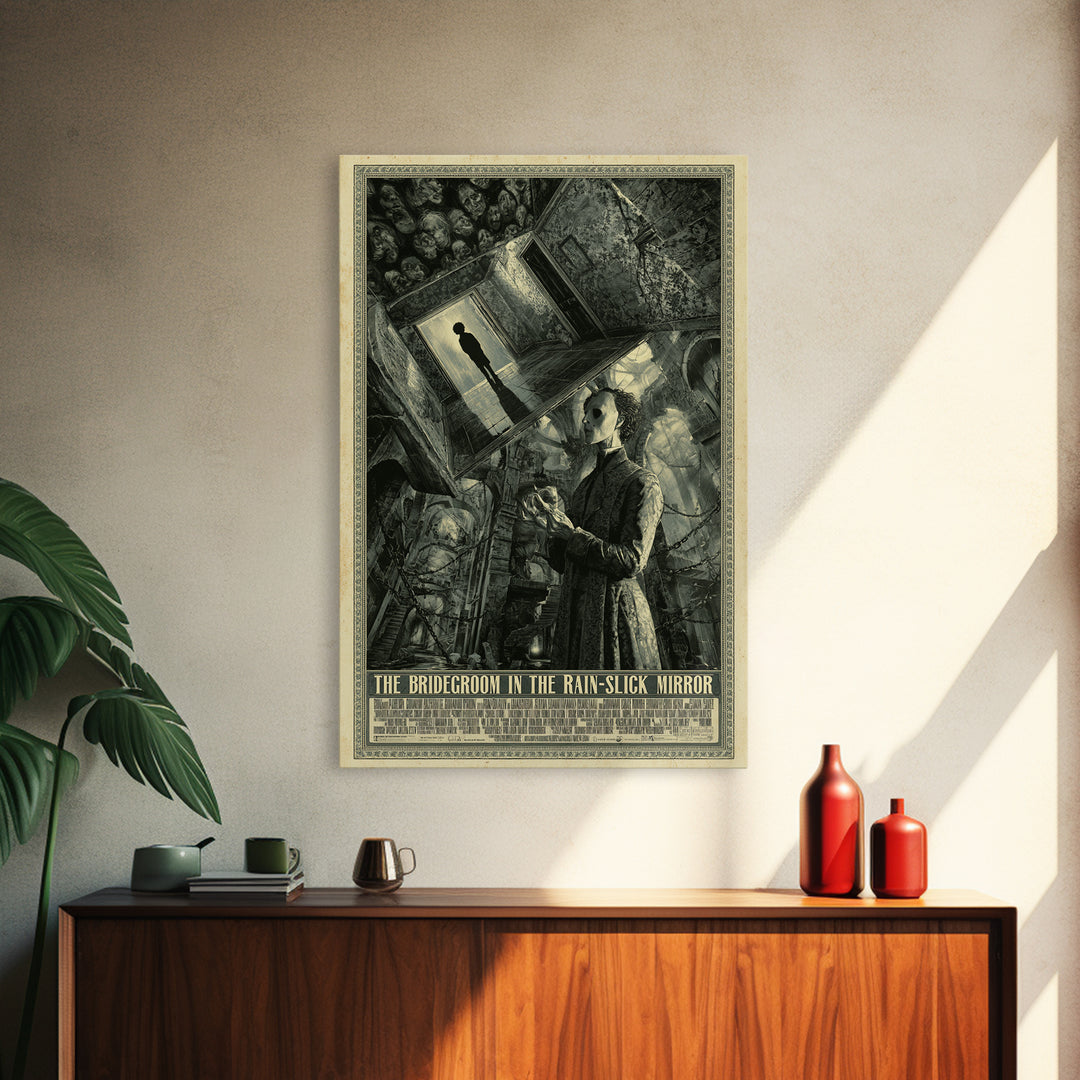 The Bridegroom In The Rain-Slick Mirror, English Language Horror Movie Poster, Architectural Etching Art, Canvas Print