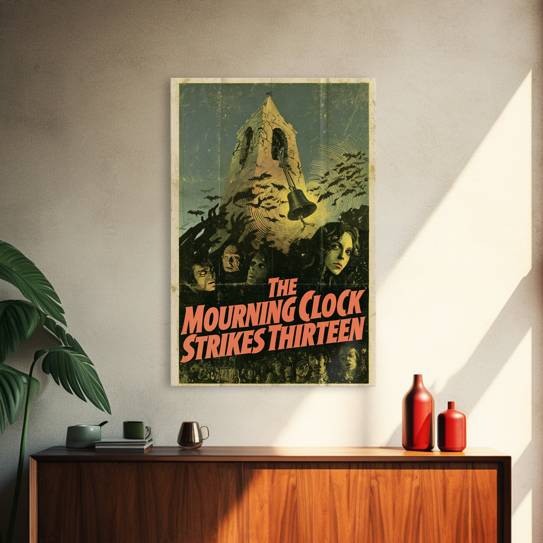 The Mourning Clock Strikes Thirteen, English Language Horror Movie Poster, 1970s Horror Art, Retro Horror Movie Art, Canvas Print
