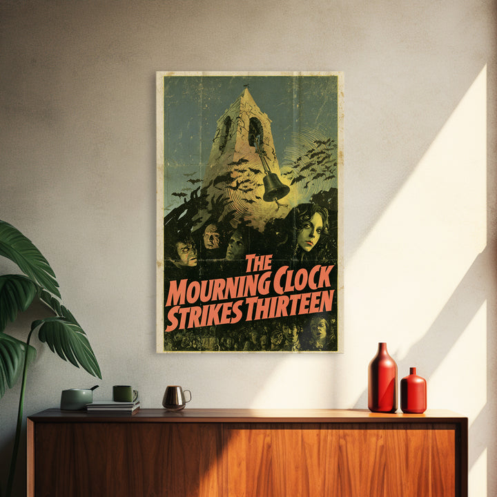 The Mourning Clock Strikes Thirteen, English Language Horror Movie Poster, 1970s Horror Art, Retro Horror Movie Art, Canvas Print