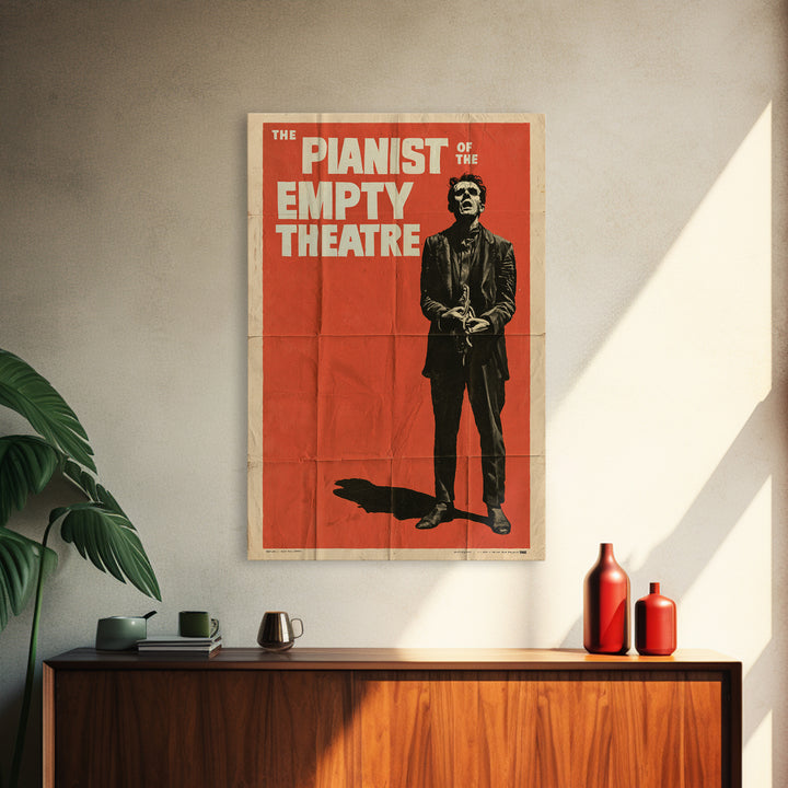 The Pianist Of The Empty Theatre, English Language Horror Movie Poster, 1950s Creature-Feature One-Sheet Inspired Art, Framed Canvas Print
