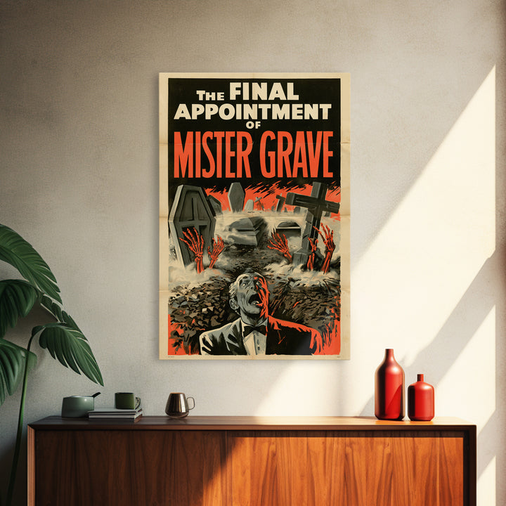 The Final Appointment Of Mister Grave, English Language Horror Movie Poster, 1950s Creature-Feature One-Sheet Inspired Art, Dark Fantasy Art