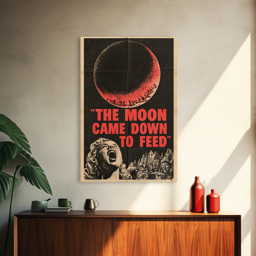 The Moon Came Down To Feed, English Language Horror Movie Poster, 1950s Creature-Feature One-Sheet Inspired Art, Classic Monster Poster