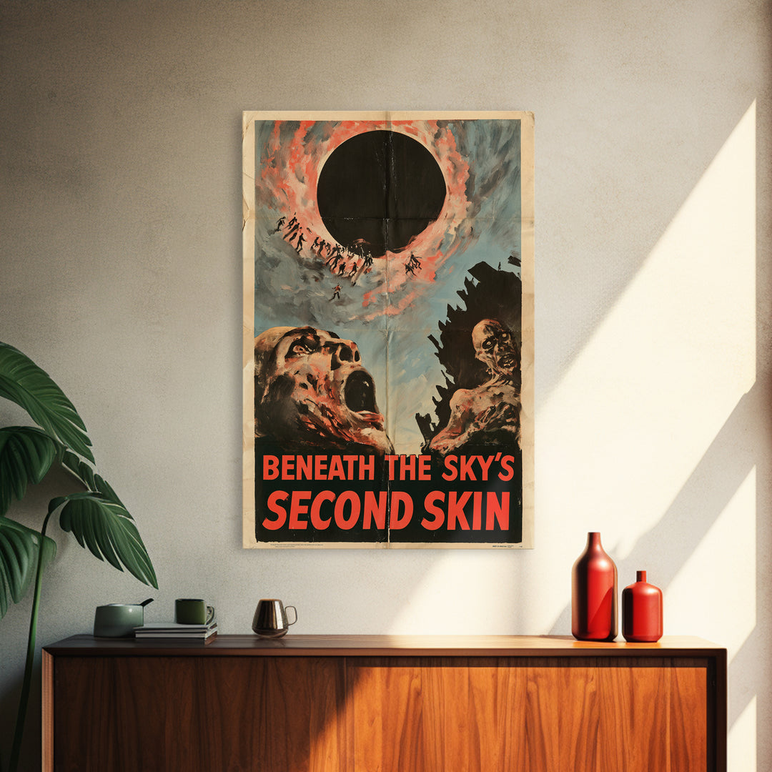 Beneath The Sky'S Second Skin, English Language Horror Movie Poster, 1950s Creature-Feature One-Sheet Inspired Art, Gothic Cinema Wall Art