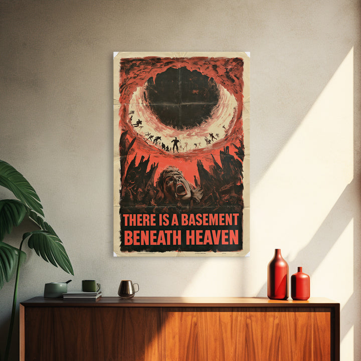 There Is A Basement Beneath Heaven, English Language Horror Movie Poster, 1950s Creature-Feature One-Sheet Inspired Art, Canvas Print