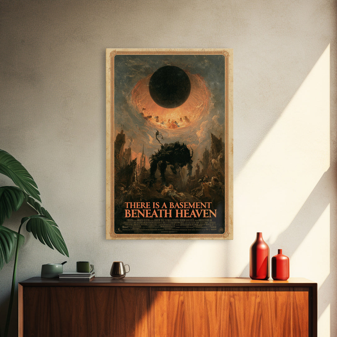 There Is A Basement Beneath Heaven, English Language Horror Movie Poster, Gothic Nightmare Art, Retro Horror Movie Art