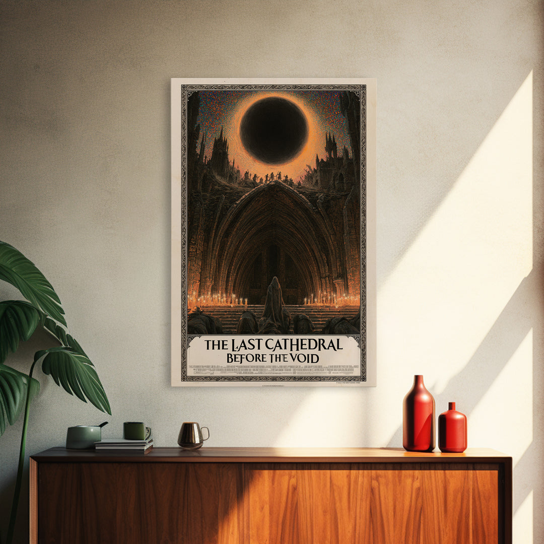 The Last Cathedral Before The Void, English Language Horror Movie Poster, Stained Glass Gothic Art, Retro Horror Movie Art