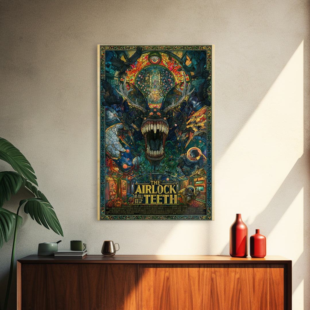 The Airlock Is Full Of Teeth, English Language Horror Movie Poster, Stained Glass Gothic Art, Classic Monster Poster, Canvas Print